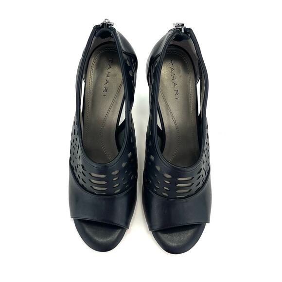 Tahari Lilith Black Stiletto Heels Sz 8.5 Open Toe Leather Laser Cut-Out Accent - Picture 14 of 15